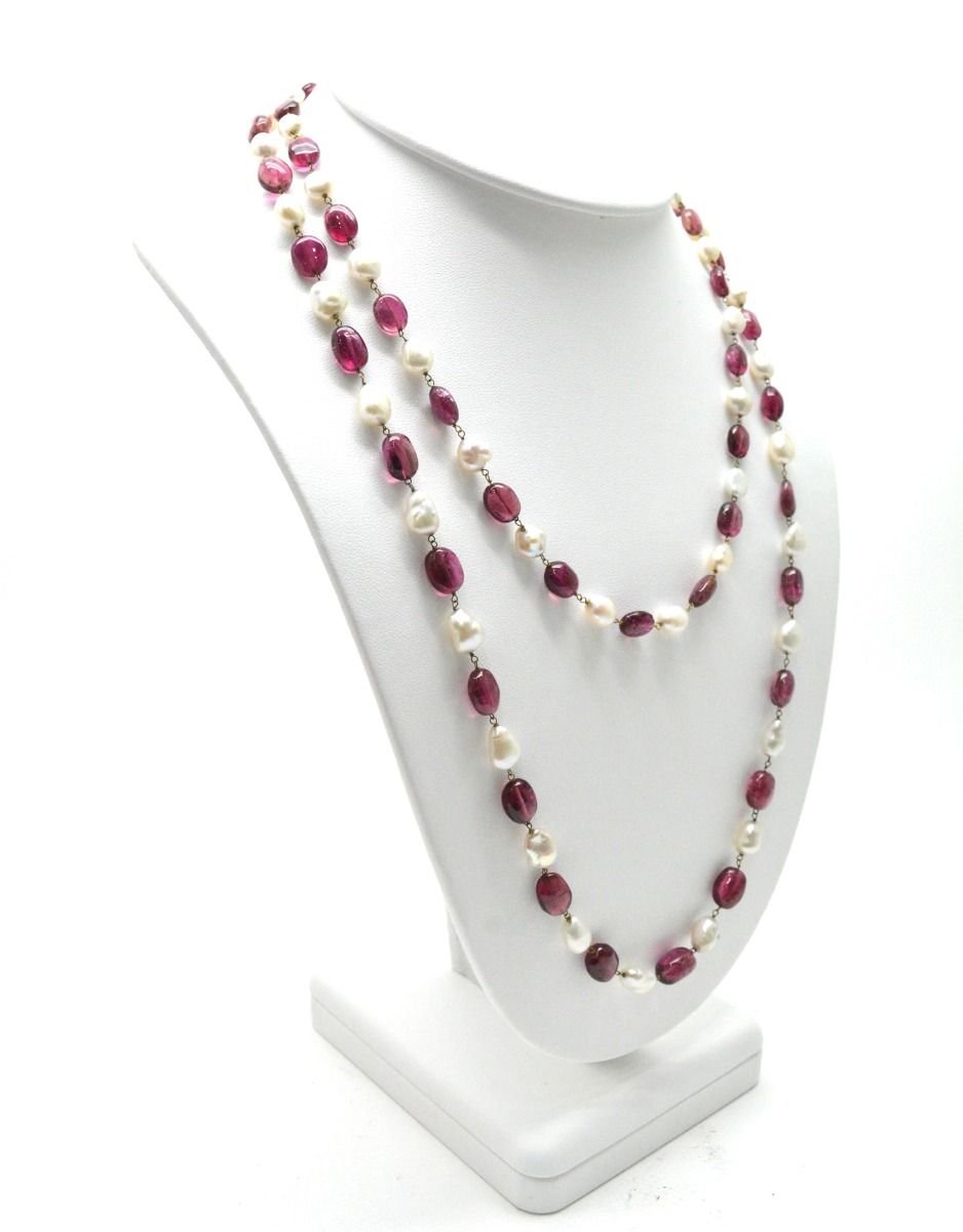14k Solid Gold Necklace - Natural Pearl And Rubelite