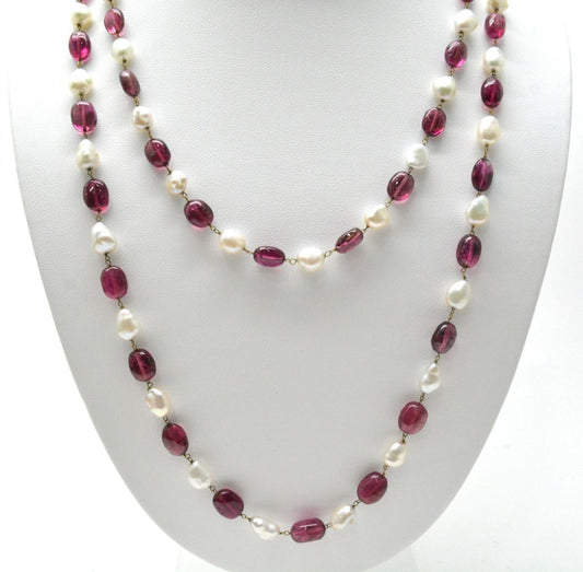 14k Solid Gold Necklace - Natural Pearl And Rubellite - view 3