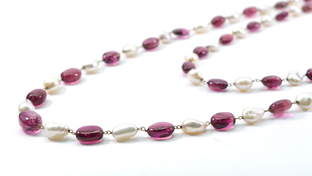 14k Solid Gold Necklace -  Natural Pearl And Rubelite, SGGRC-181