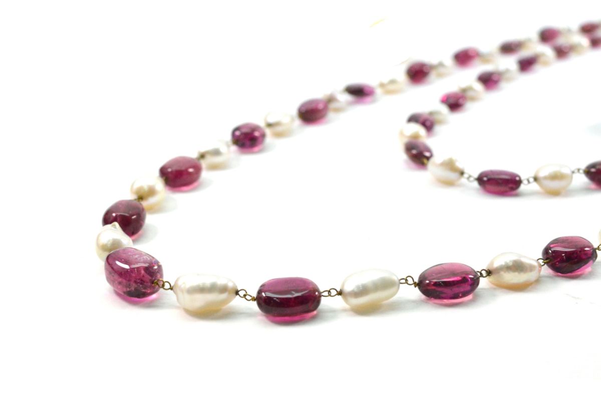 14k Solid Gold Necklace -  Natural Pearl And Rubelite, SGGRC-181