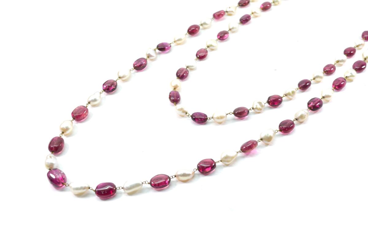 14k Solid Gold Necklace -  Natural Pearl And Rubelite, SGGRC-181