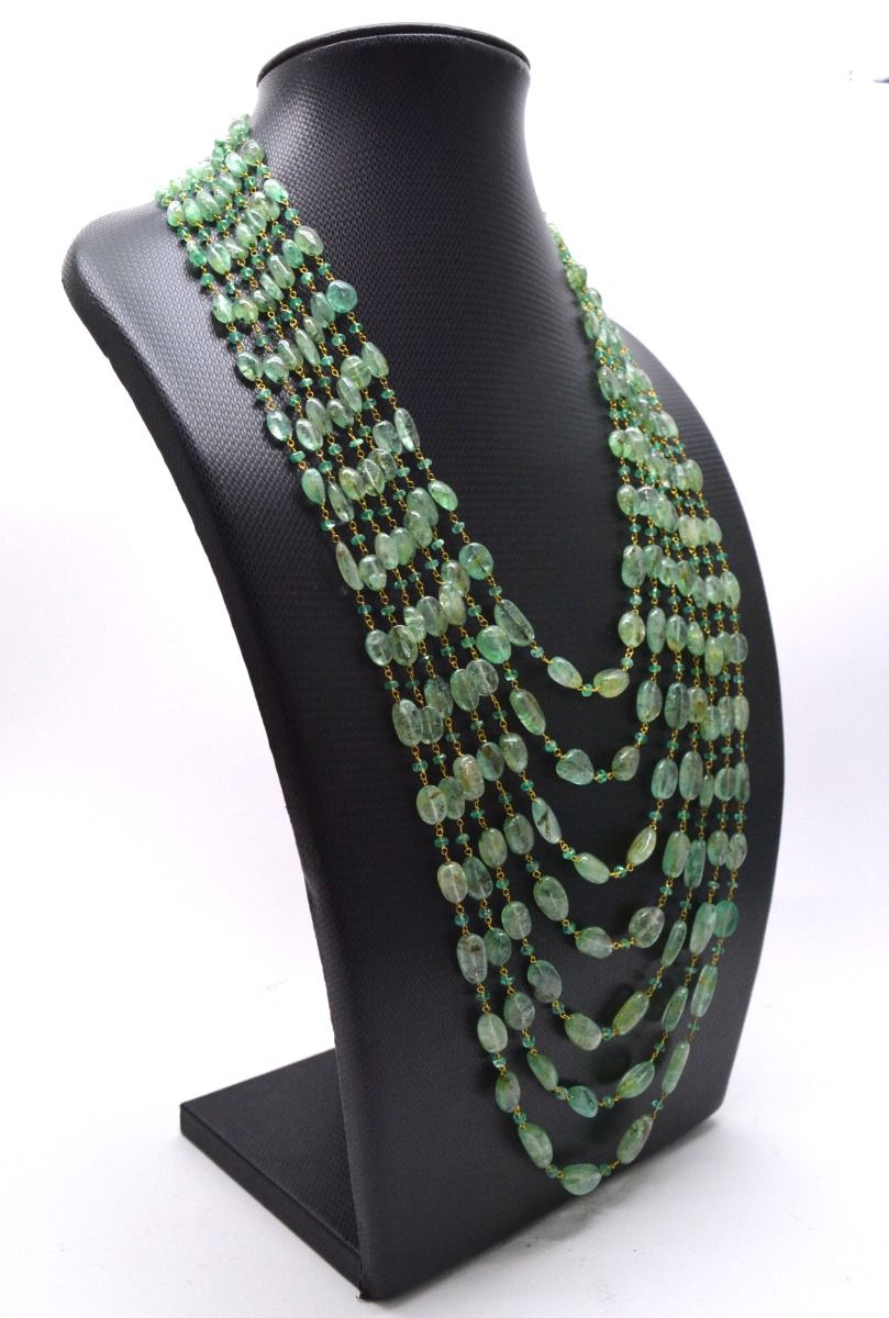14k Solid Gold Necklace Studded With Emerald Stones , 12X10 - 15X10 MM