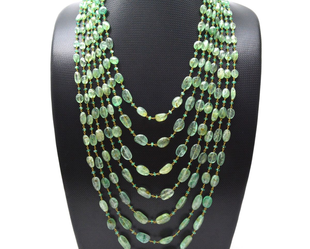 14k Solid Gold Necklace Studded With Emerald Stones , 12X10 - 15X10 MM