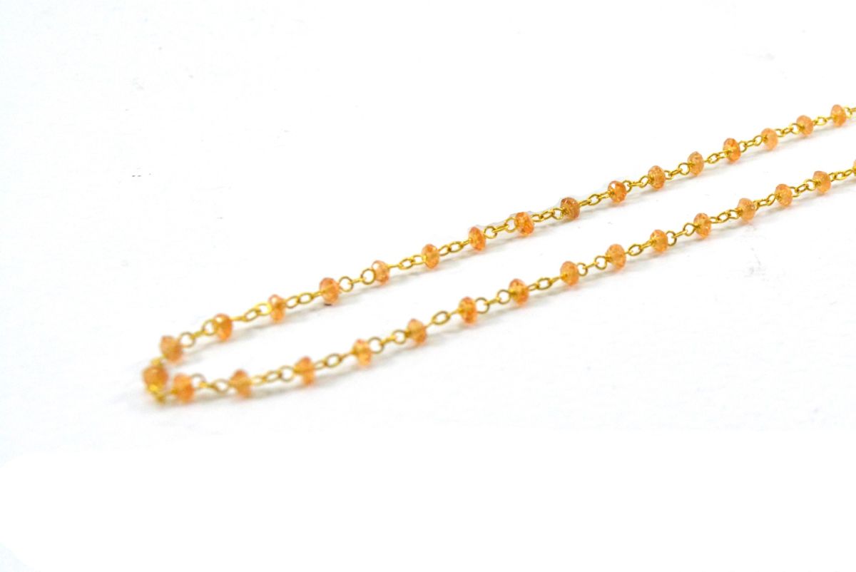 14k Solid Gold Necklace Studded With Orange Sapphire Stone - 2MM