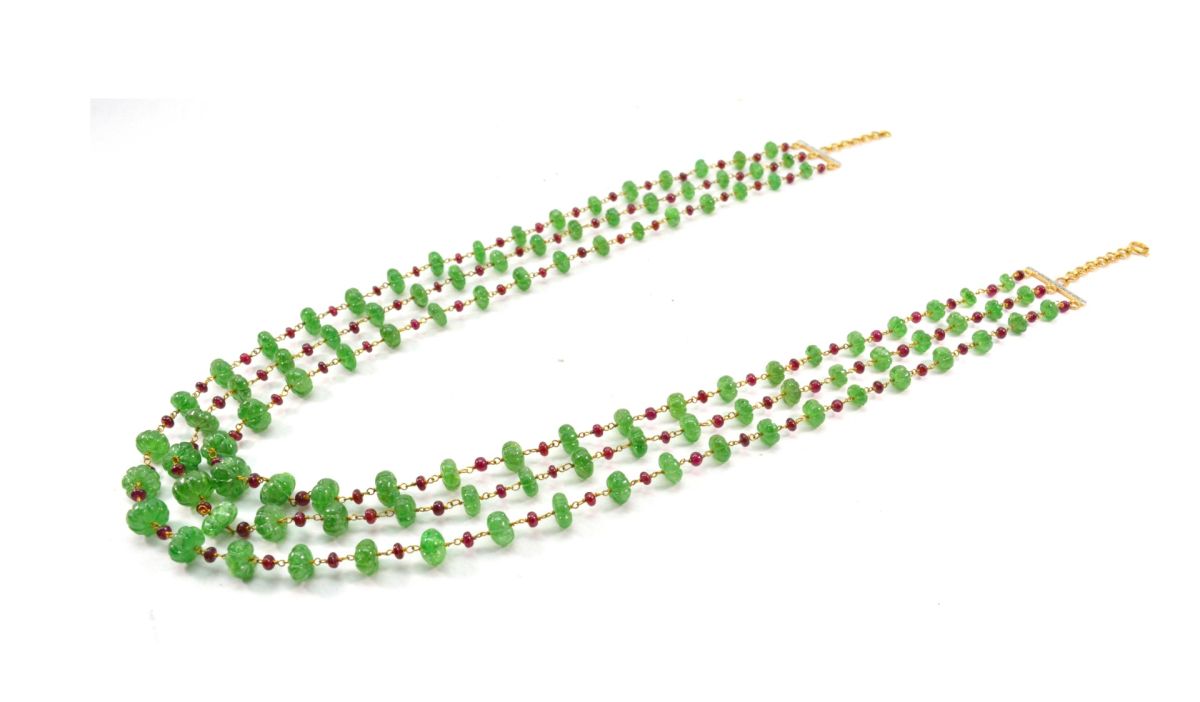 14k Solid yellow Gold Necklace Studded With Emerald Stone , 4 -8MM - GGRC-197