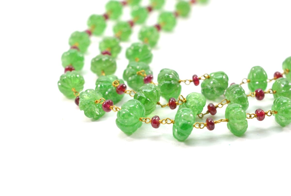 14k Solid yellow Gold Necklace Studded With Emerald Stone , 4 -8MM