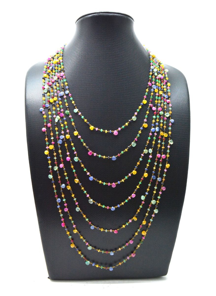 Lovely 14k Solid yellow Gold Necklace With Natural Ruby, Emerald, Sapphire Stones