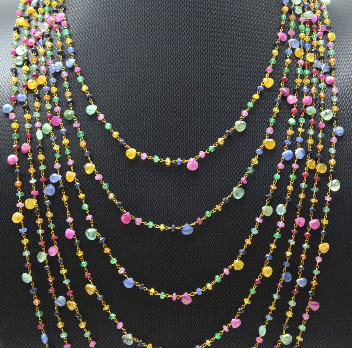 Lovely 14k Solid yellow Gold Necklace With Natural Ruby, Emerald, Sapphire Stones