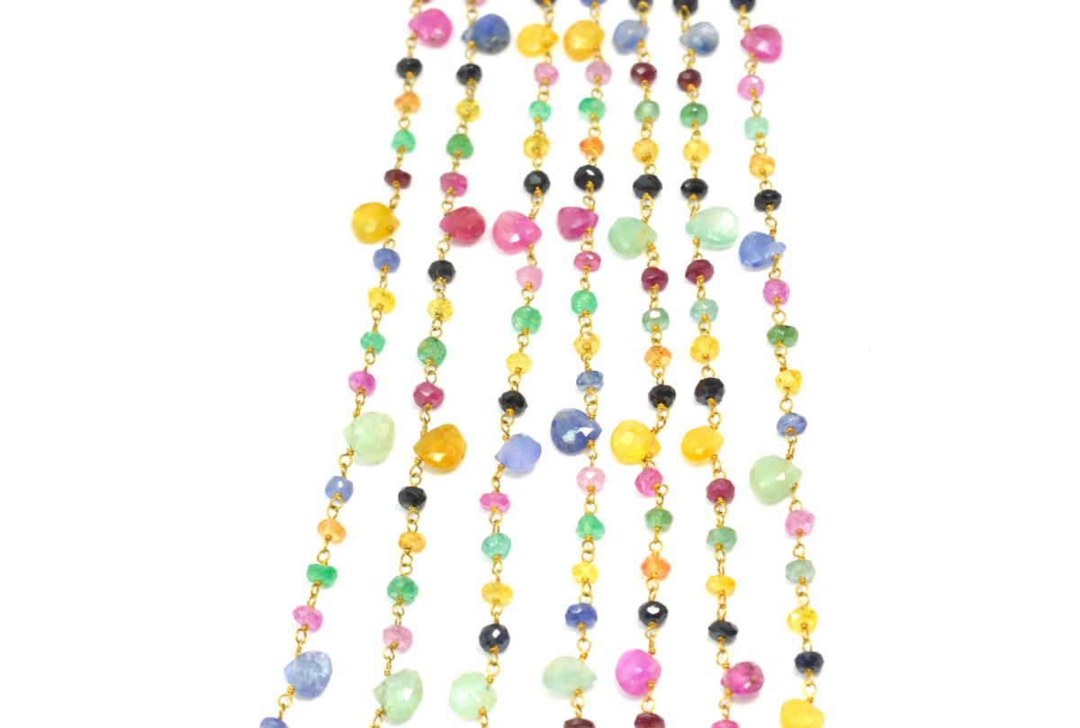 Lovely 14k Solid yellow Gold Necklace With Natural Ruby, Emerald, Sapphire Stones