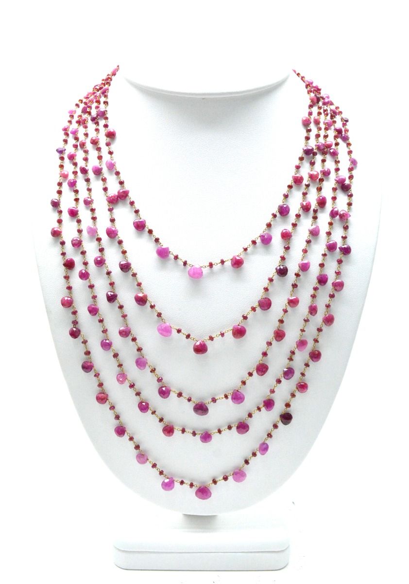 14k Solid yellow Gold Necklace - Natural Ruby Stones, 4.00x4.00-7.00x7.50mm