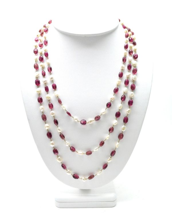 14k Solid yellow Gold Necklace With Pearl, Rubelite Stone