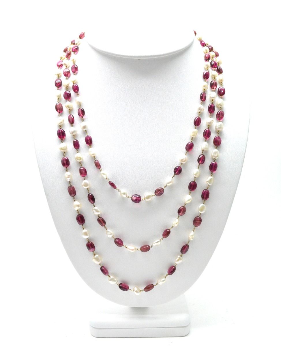 14k Solid yellow Gold Necklace With Pearl, Rubelite Stone - SGGRC-213