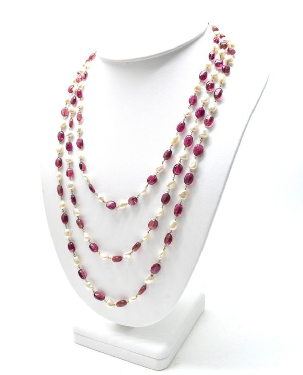 14k Solid yellow Gold Necklace With Pearl, Rubelite Stone
