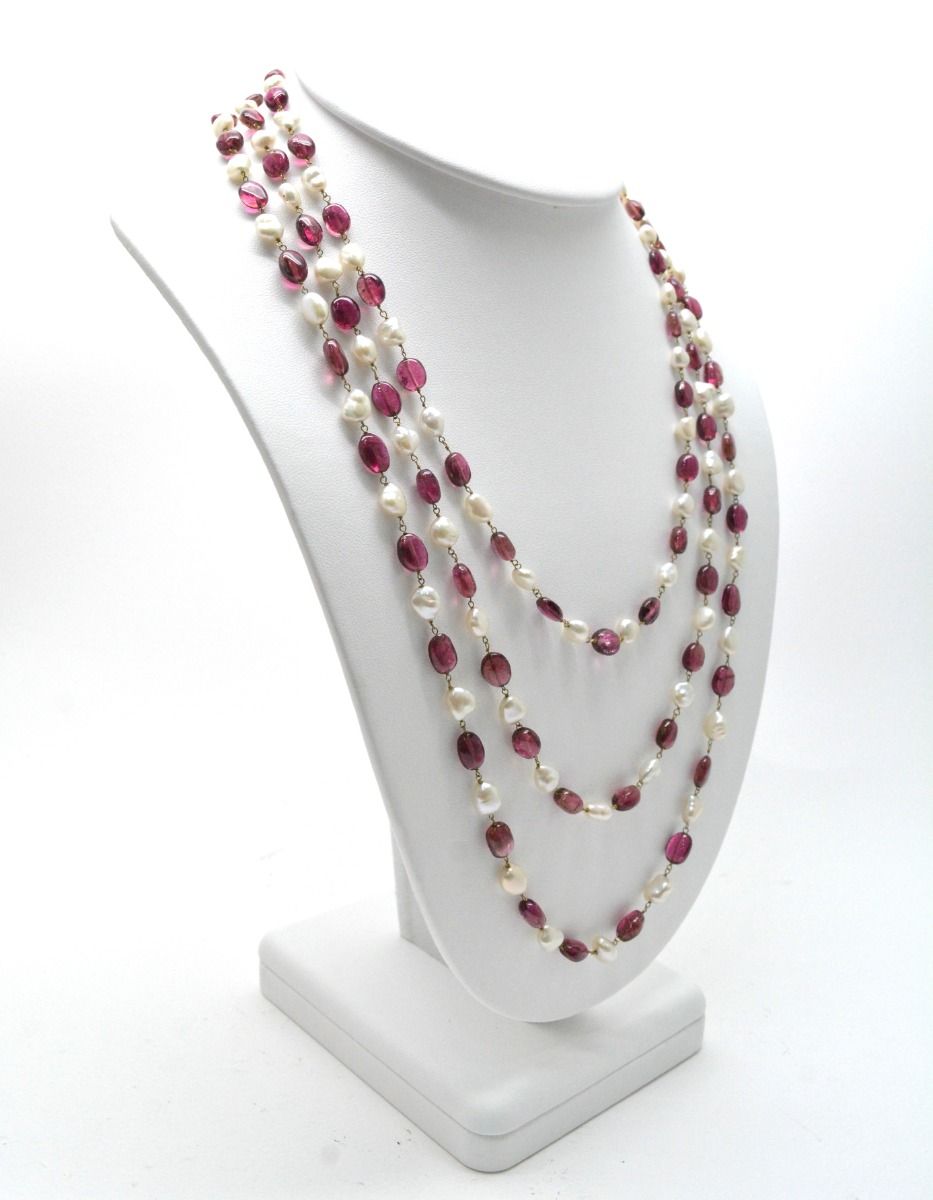 14k Solid yellow Gold Necklace With Pearl, Rubelite Stone - SGGRC-213
