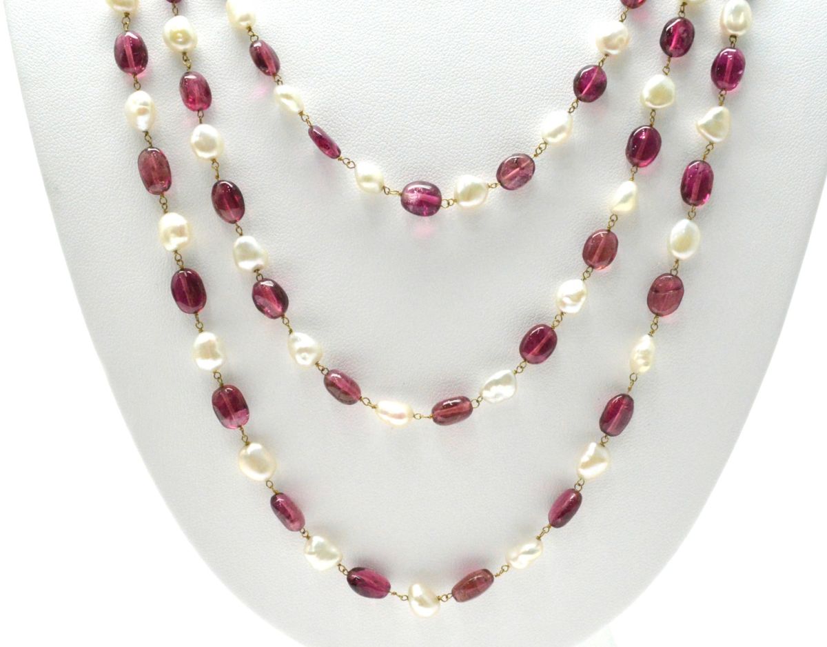 14k Solid yellow Gold Necklace With Pearl, Rubelite Stone - SGGRC-213