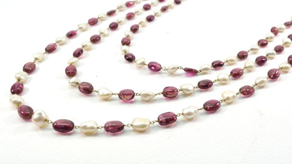 14k Solid yellow Gold Necklace With Pearl, Rubelite Stone