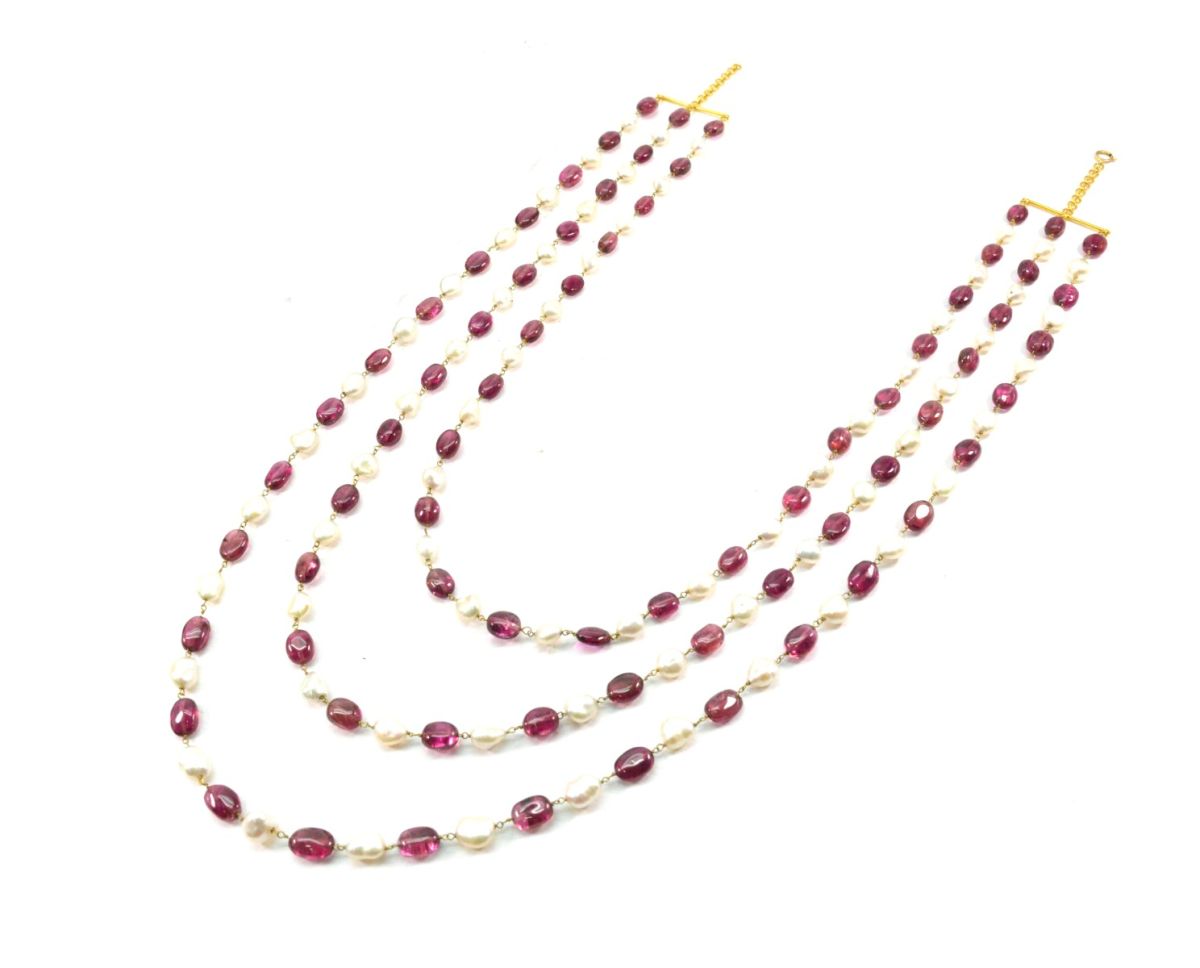 14k Solid yellow Gold Necklace With Pearl, Rubelite Stone - SGGRC-213