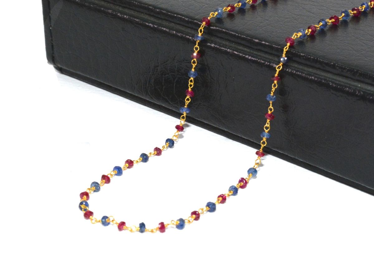 14k Solid yellow Gold Necklace Studded With Natural Ruby, Sapphire Stones
