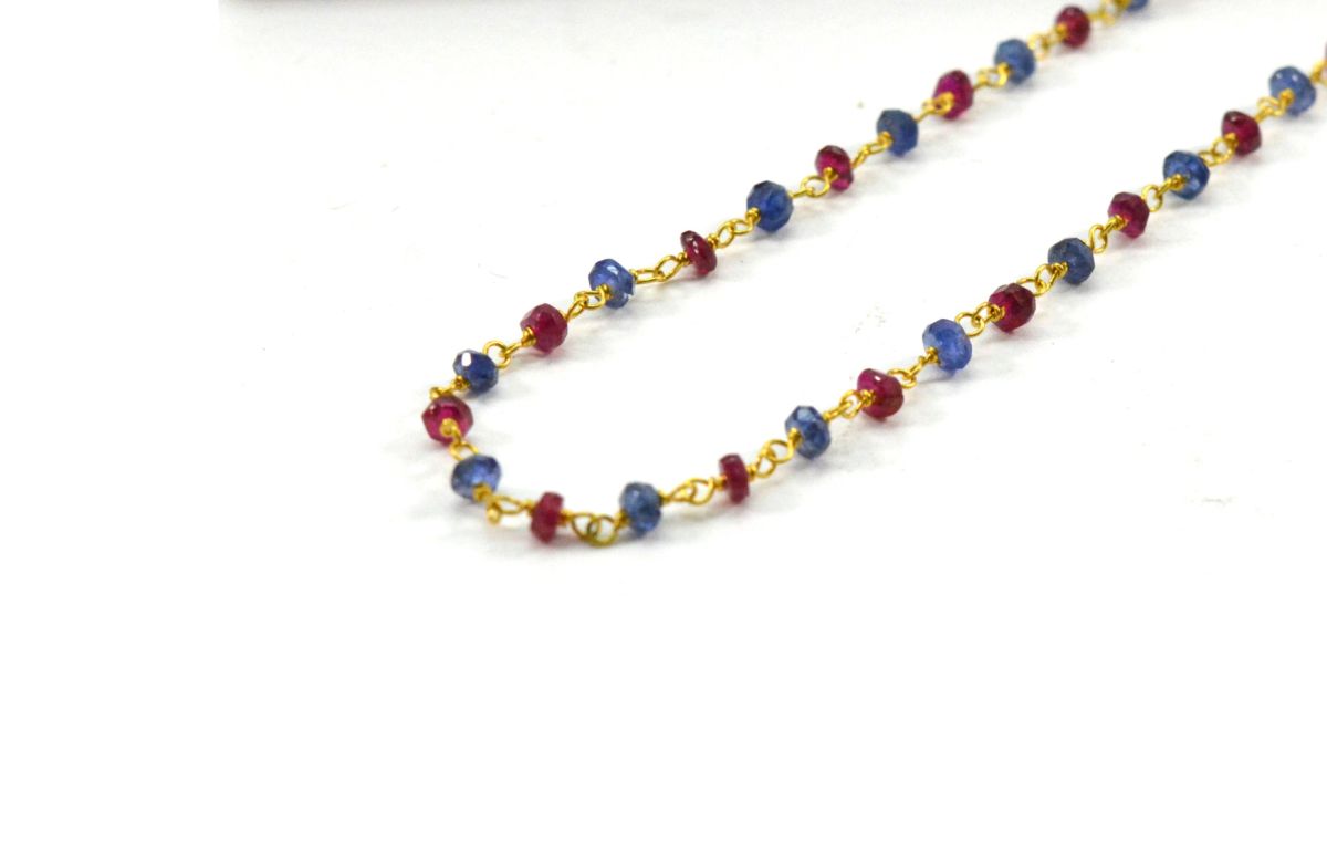 14k Solid yellow Gold Necklace Studded With Natural Ruby, Sapphire Stones