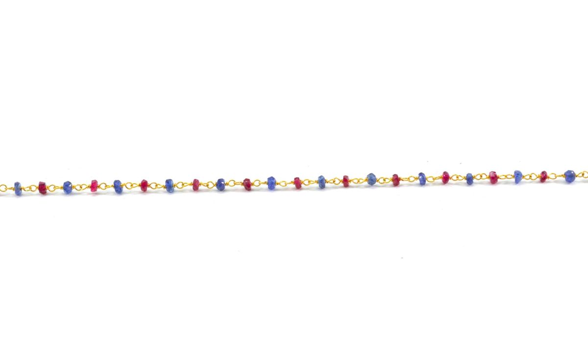 14k Solid yellow Gold Necklace Studded With Natural Ruby, Sapphire Stones