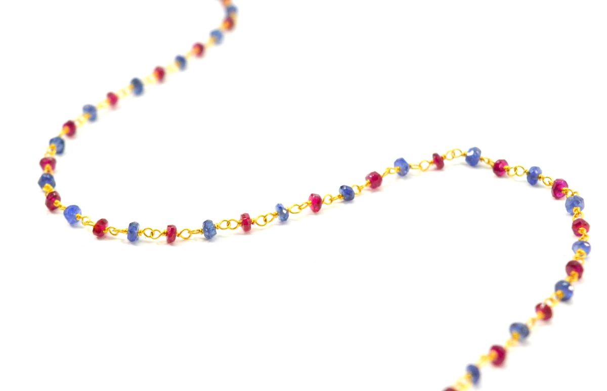 14k Solid yellow Gold Necklace Studded With Natural Ruby, Sapphire Stones