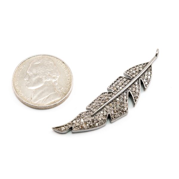 925 Sterling Silver Leaf  Shape- Pave Diamond Pendant With 48.00x11.00mm.