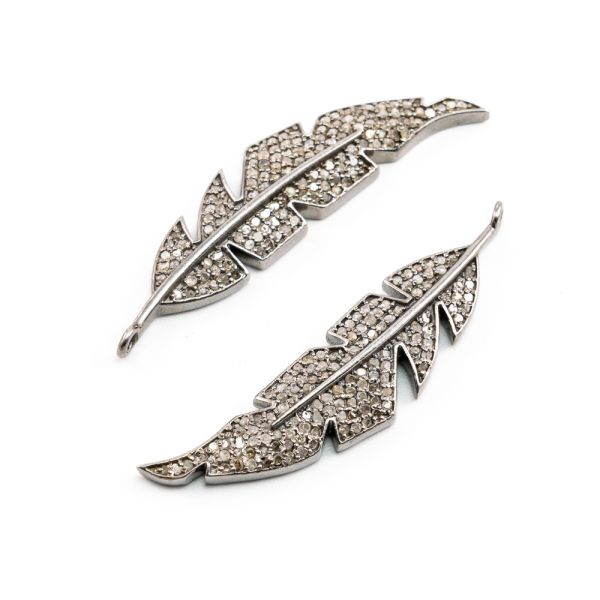 925 Sterling Silver Leaf  Shape- Pave Diamond Pendant With 48.00x11.00mm.