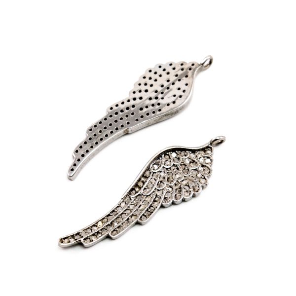 925 Sterling Silver 41.50x12.50mm Pave Diamond Pendant In Wing  Shape.