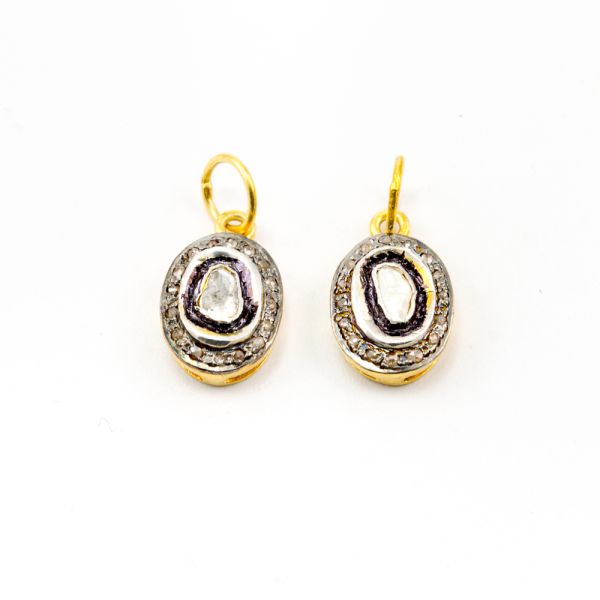 925 Sterling Silver Pave Diamond Pendant with Polki Diamond, Oval Shape-16.00x4.00x10.00mm, Gold And Black/White Rhodium Plating. Sold By 1 Pcs, F-1464