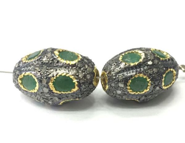 925 Sterling Silver Pave Diamond Bead with Emerald Stone, Oval Shape-21.00x13.00mm, Gold And Black Rhodium Plating. Sold By 1 Pcs, F-2301