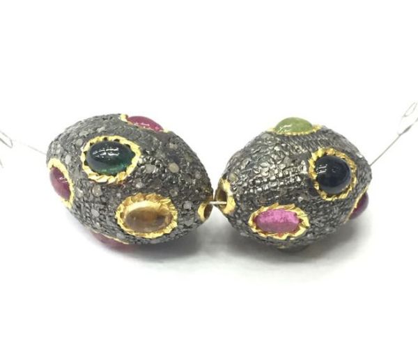 925 Sterling Silver Pave Diamond Bead with Multi Tourmaline Stone, Oval Shape-22.00x14.00mm, Gold And Black Rhodium Plating. Sold By 1 Pcs, F-2310