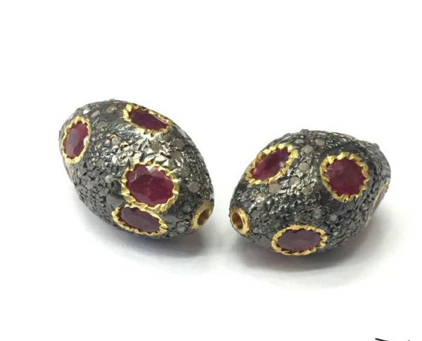 925 Sterling Silver Pave Diamond Bead with Ruby Stone, Oval Shape-21.50x13.50mm, Gold And Black Rhodium Plating. Sold By 1 Pcs, F-2313