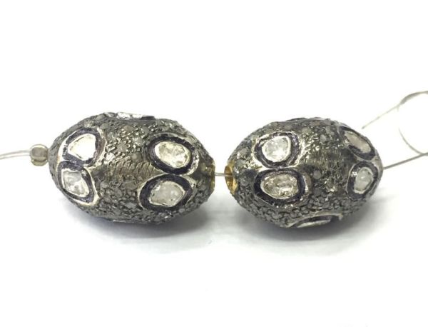 925 Sterling Silver Pave Diamond Bead with Polki Diamonds, Oval Shape-21.00x14.00mm, Black/White Rhodium Plating. Sold By 1 Pcs, F-2328