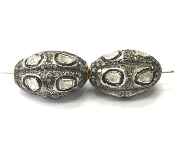 925 Sterling Silver Pave Diamond Bead with Polki Diamonds, Oval Shape-22.00x14.00mm, Black/White Rhodium Plating. Sold By 1 Pcs, F-2329
