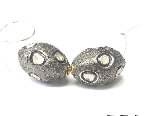 925 Sterling Silver Pave Diamond Bead with Polki Diamonds, Oval Shape-21.00x14.00mm, Black/White Rhodium Plating. Sold By 1 Pcs, F-2330
