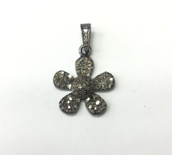 925 Sterling Silver Pave Diamond Pendant, Flower Shape-16.50mm, Black Rhodium Plating. Sold By 1 Pcs, F-2338