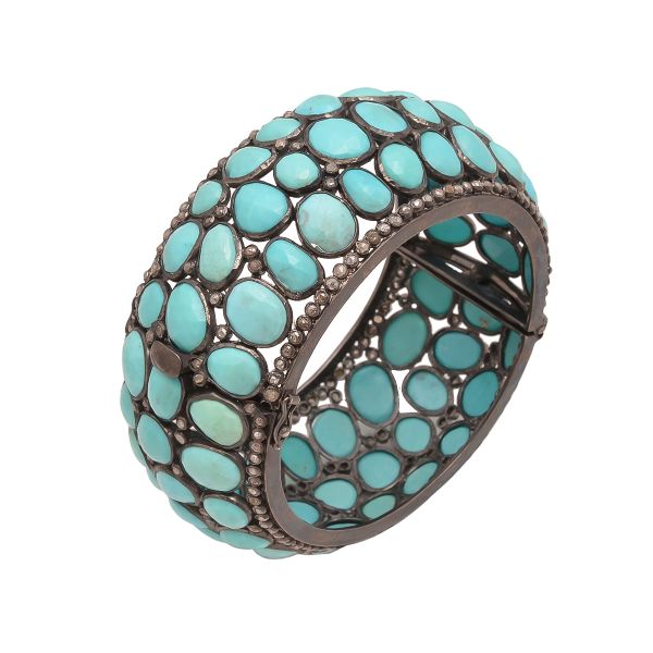 925 Sterling Silver Black Rhodium Plating Diamond Bangle Studded With Turquoise Stone - J-1065