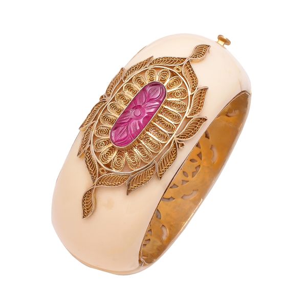 925 Sterling Silver Rose Cut Diamond Bangle With Bakelite & Ruby Stone - J-1082