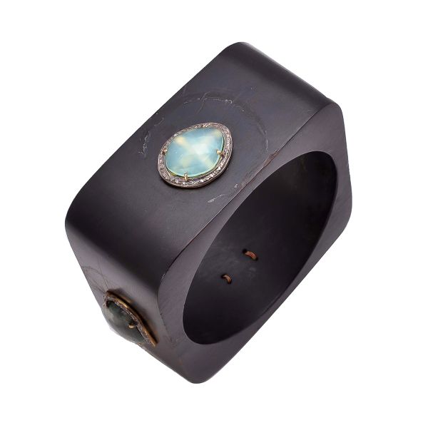 925 Sterling Silver Diamond Bangle With Chalcedony Stone.  J-1092