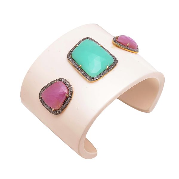 925 Sterling Silver Diamond  Bangle Studded With Bakelite, Sapphire  & Agate Stone. J-1099