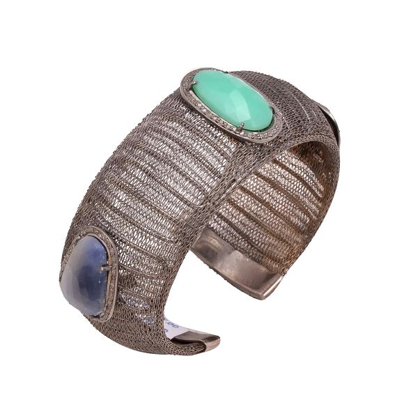  925 Sterling Silver Diamond Bangle Studded With  Rose Cut Diamond, Diamond, Multi Sapphire, And Agate -  J-1207