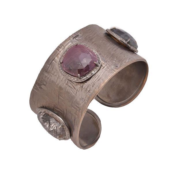  925 Sterling Silver Diamond Bangle With Rose Cut Diamond, Chrysophrase And Emerald 