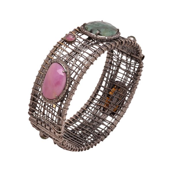 925 Sterling Silver Diamond Bangle Studded With Rose Cut Diamond And Multi Stone -  J-1254