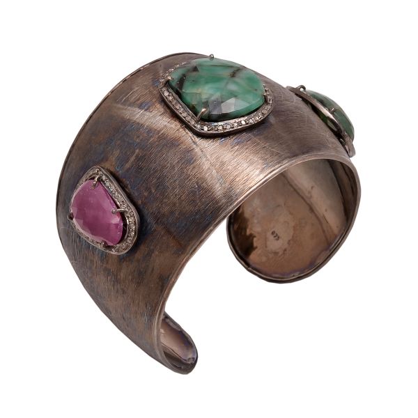 925 Sterling Silver Diamond Bangle With Rose Cut Diamond And Emerald, Sapphire - J-1259