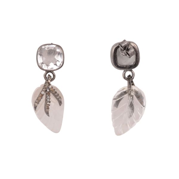Victorian Jewelry, Silver Diamond Earring With Rose Cut Diamond And White Quartz Stone Studded  In 925 Sterling Silver Black Rhodium Plating.J-1301