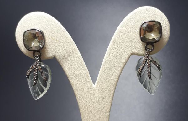 Victorian Jewelry, Silver Diamond Earring With Rose Cut Diamond And Green Amethyst  Stone Studded In 925 Sterling Silver Black Rhodium Plating. J-1307