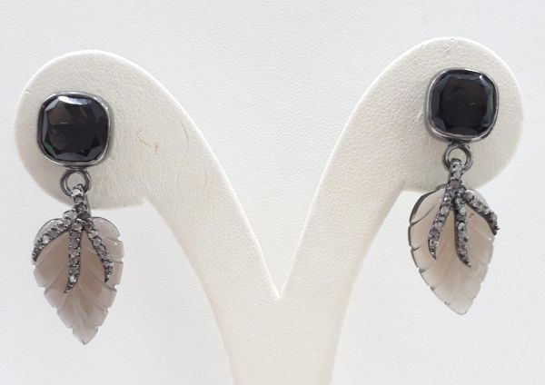 Victorian Jewelry, Silver Diamond Earring With Rose Cut Diamond And Smoky Quartz Stone Studded  In 925 Sterling Silver Black Rhodium Plating. J-1317