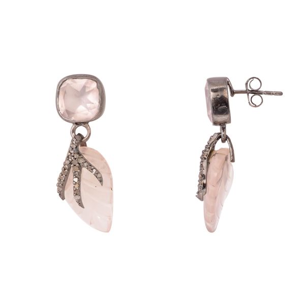 Victorian Jewelry, Silver Diamond Earring With Rose Cut Diamond And Rose Quartz Stone Studded  In 925 Sterling Silver Black Rhodium Plating. J-1317 A