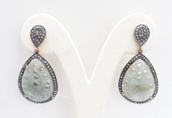 Victorian Jewelry, Silver Diamond Earring With Rose Cut Diamond And Sapphire Stone Studded In 925 Sterling Silver Gold, Black Rhodium Plating. J-1330