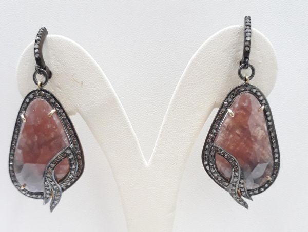 Victorian Jewelry, Silver Diamond Earring With Rose Cut Diamond And Sapphire Stone Studded  In 925 Sterling Silver Black Rhodium Plating. J-1332
